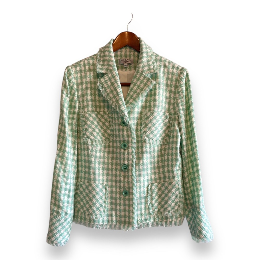 Bergamo Studio Mint Green White Houndstooth Tweed Fringe Blazer Jacket Sz 14 NWT